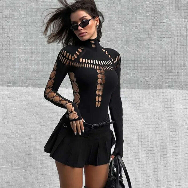 WhereMery Solid Hollow Out High Collar Bodysuit Sexy Bodycon Skinny Long Sleeves T Shirts Women Gothic Punk Streetwear Bodysuits