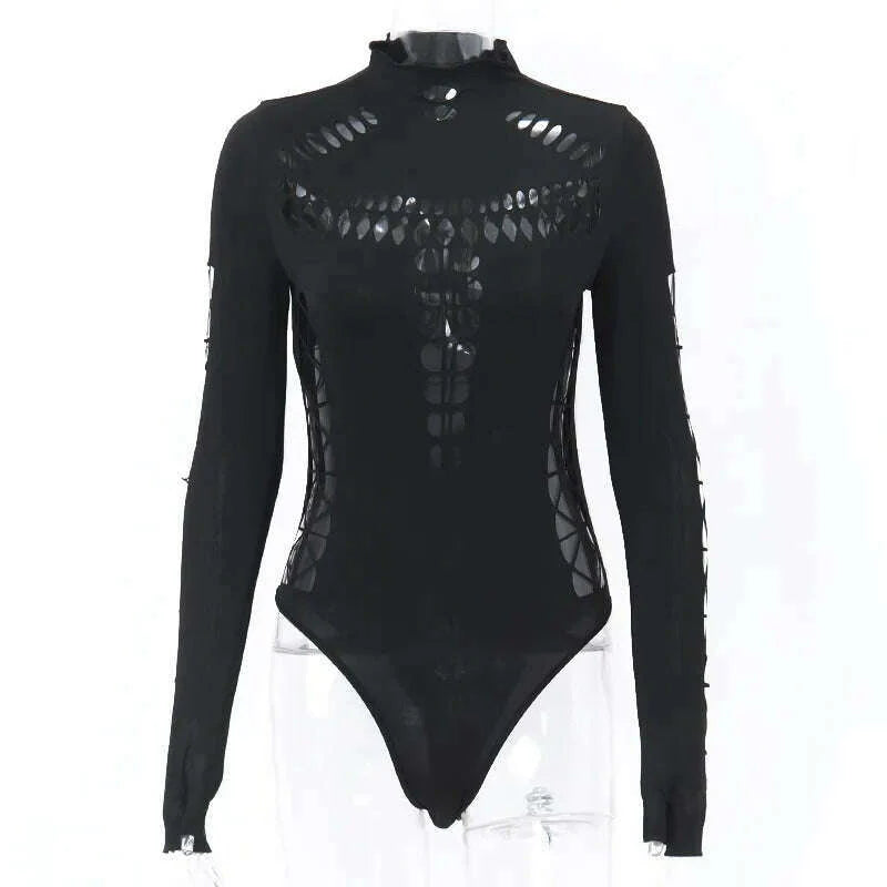 WhereMery Solid Hollow Out High Collar Bodysuit Sexy Bodycon Skinny Long Sleeves T Shirts Women Gothic Punk Streetwear Bodysuits