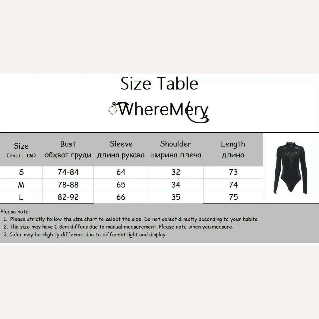 WhereMery Solid Hollow Out High Collar Bodysuit Sexy Bodycon Skinny Long Sleeves T Shirts Women Gothic Punk Streetwear Bodysuits