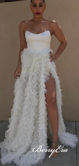 White Sweetheart Long A-line Satin Tulle Prom Dresses, Chic Prom Dresses, Newest Prom Dresses