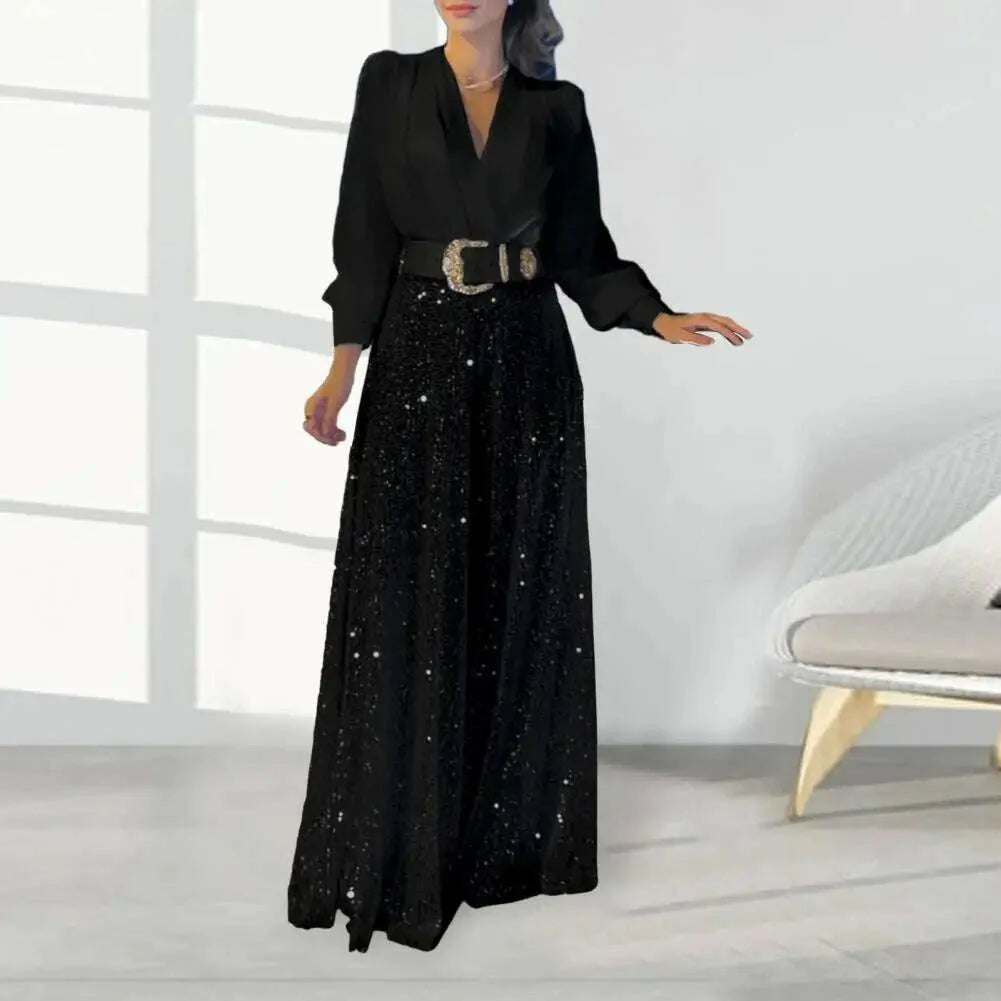 Wide Leg Pants Rompers Female Elegant Temperament Evening Jumpsuits Sequin Fashion Shirt Jumpsuit Women Party V-Neck Long Sleeve