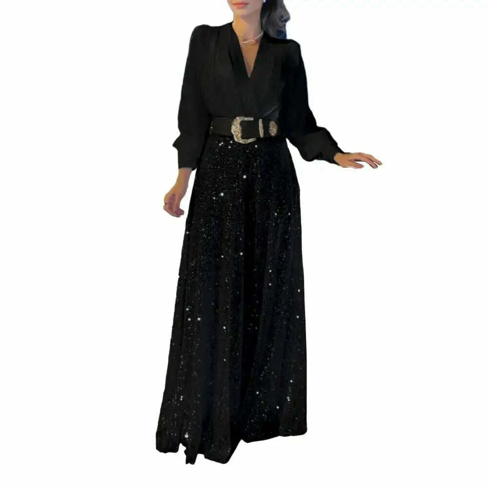 Wide Leg Pants Rompers Female Elegant Temperament Evening Jumpsuits Sequin Fashion Shirt Jumpsuit Women Party V-Neck Long Sleeve