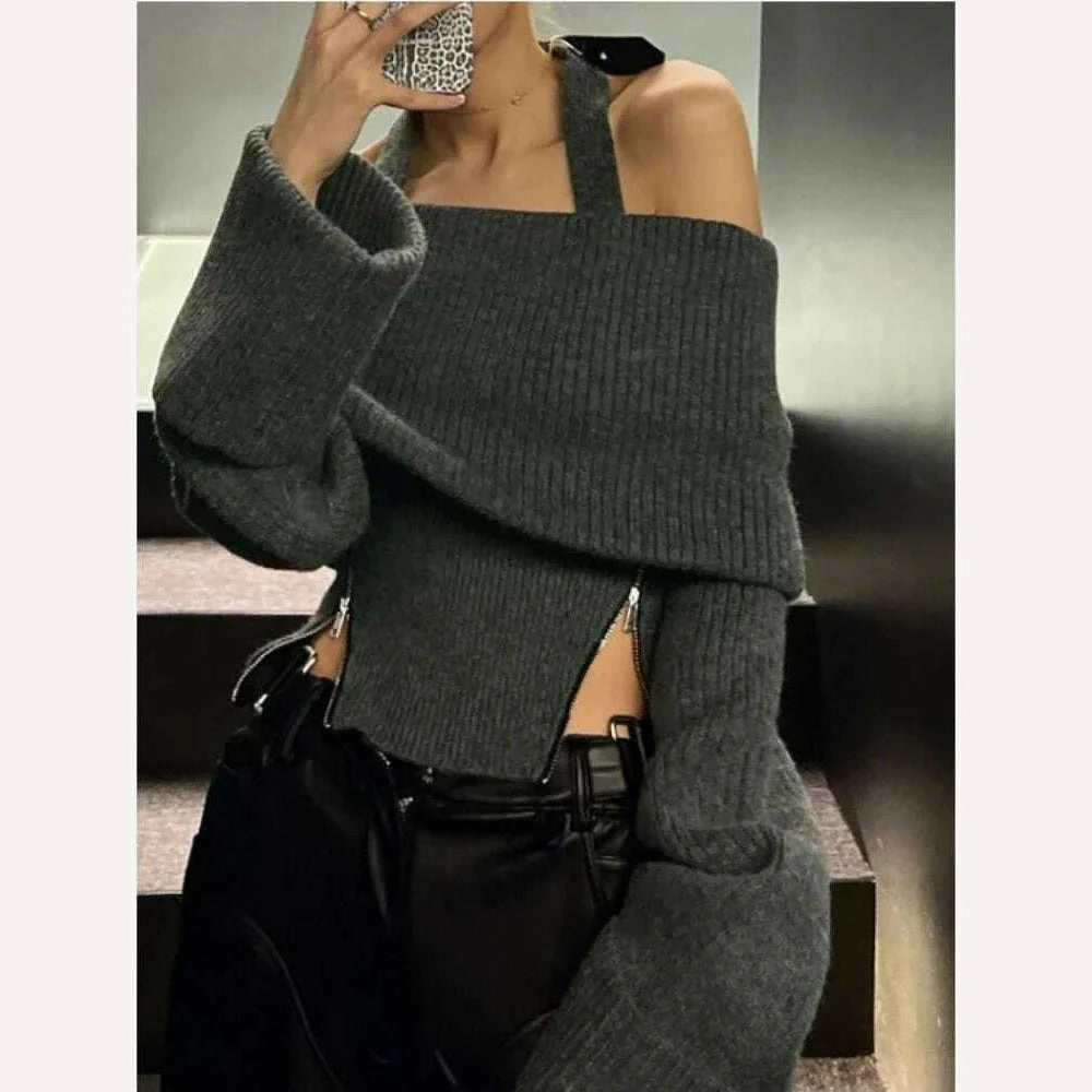 Winter Y2k Elegant Knitted Pullovers Women Slash Neck Vintage Sexy Chic Sweaters Female Korean Fashion Slim Zipper Tops 2023 New