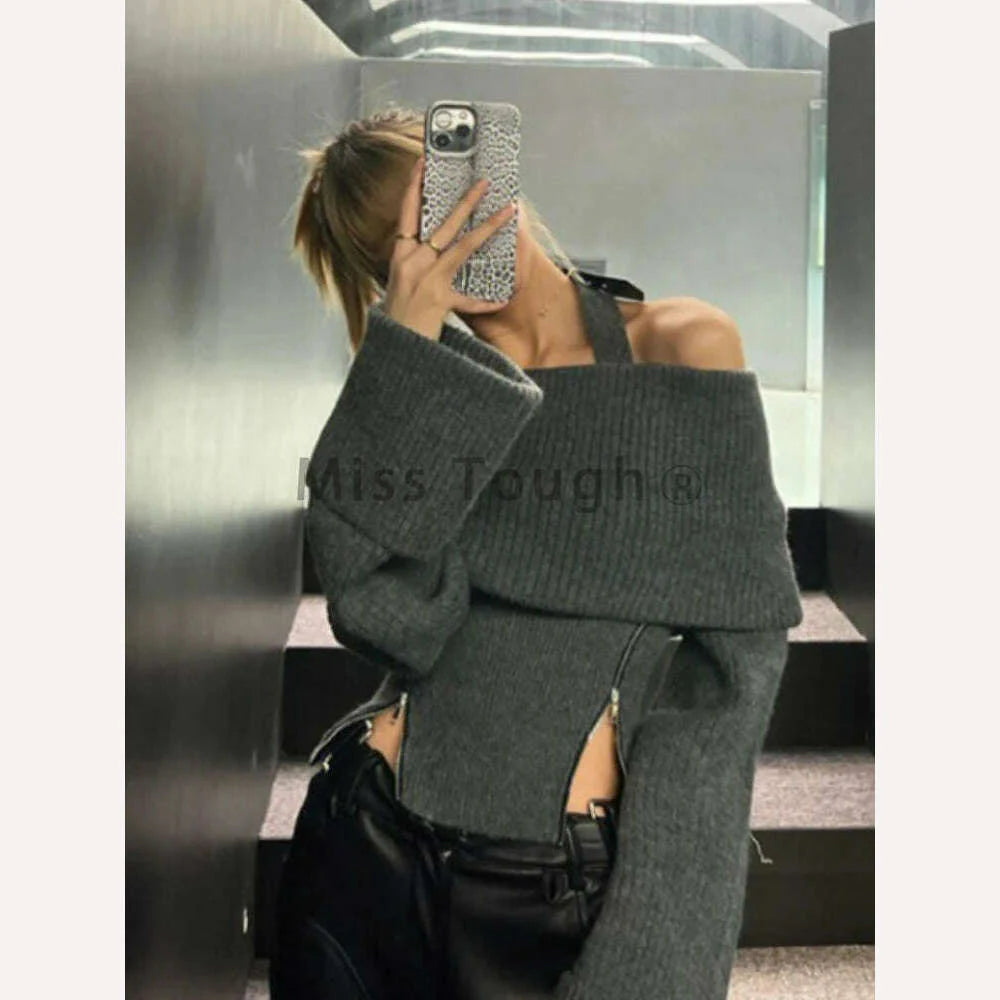 Winter Y2k Elegant Knitted Pullovers Women Slash Neck Vintage Sexy Chic Sweaters Female Korean Fashion Slim Zipper Tops 2023 New