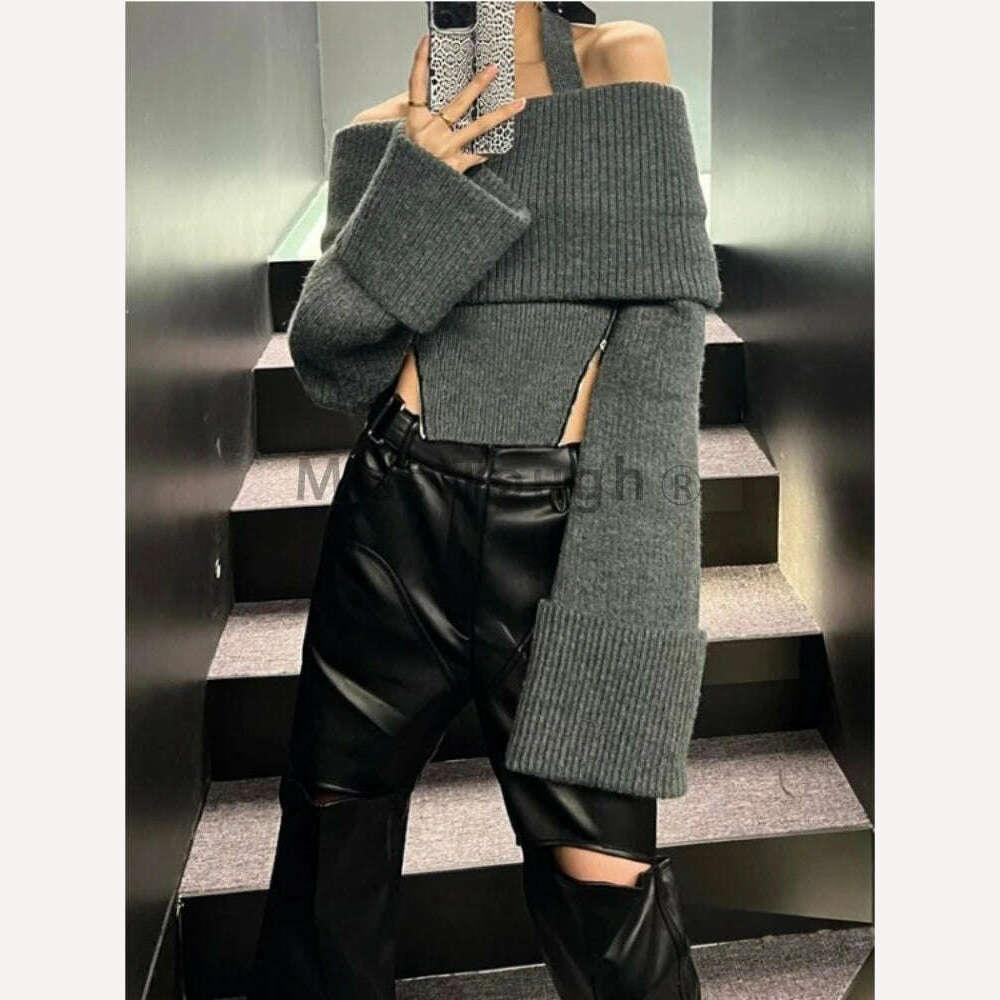 Winter Y2k Elegant Knitted Pullovers Women Slash Neck Vintage Sexy Chic Sweaters Female Korean Fashion Slim Zipper Tops 2023 New