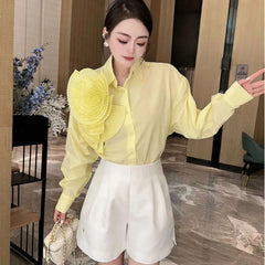 Women 3D Ruched Large Flowers Shirts Long Sleeved Luxury Pleated Floral Blouses Streetwear Single Breasted Cardigan Tops Blusas