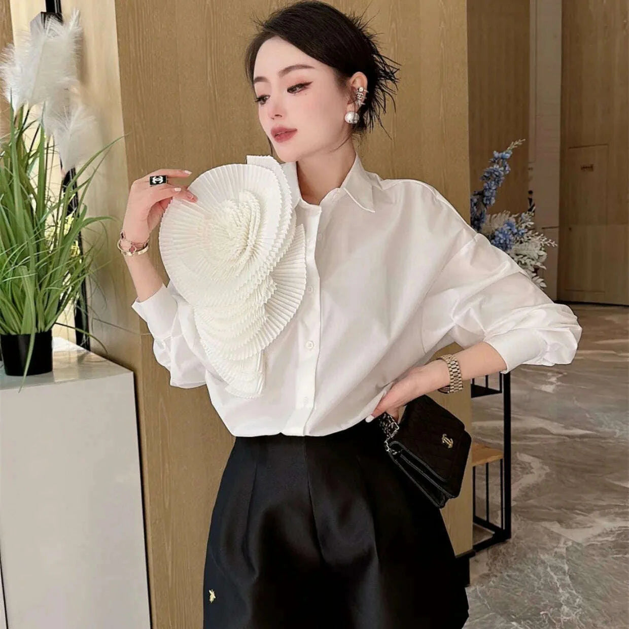 Women 3D Ruched Large Flowers Shirts Long Sleeved Luxury Pleated Floral Blouses Streetwear Single Breasted Cardigan Tops Blusas