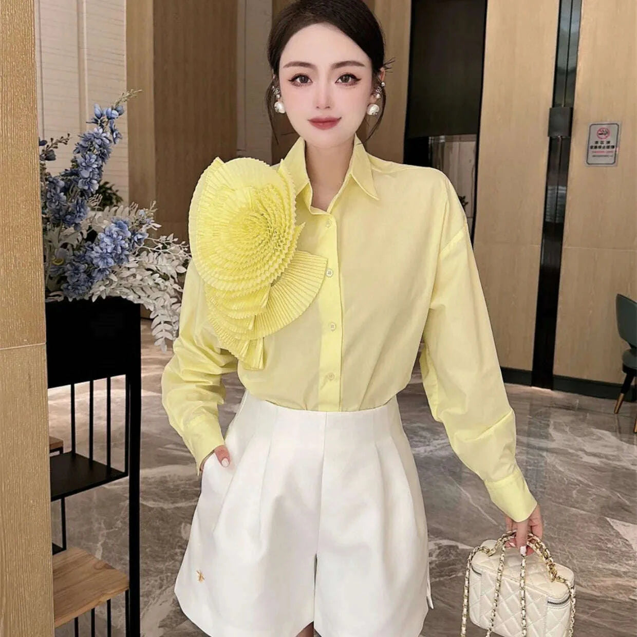 Women 3D Ruched Large Flowers Shirts Long Sleeved Luxury Pleated Floral Blouses Streetwear Single Breasted Cardigan Tops Blusas