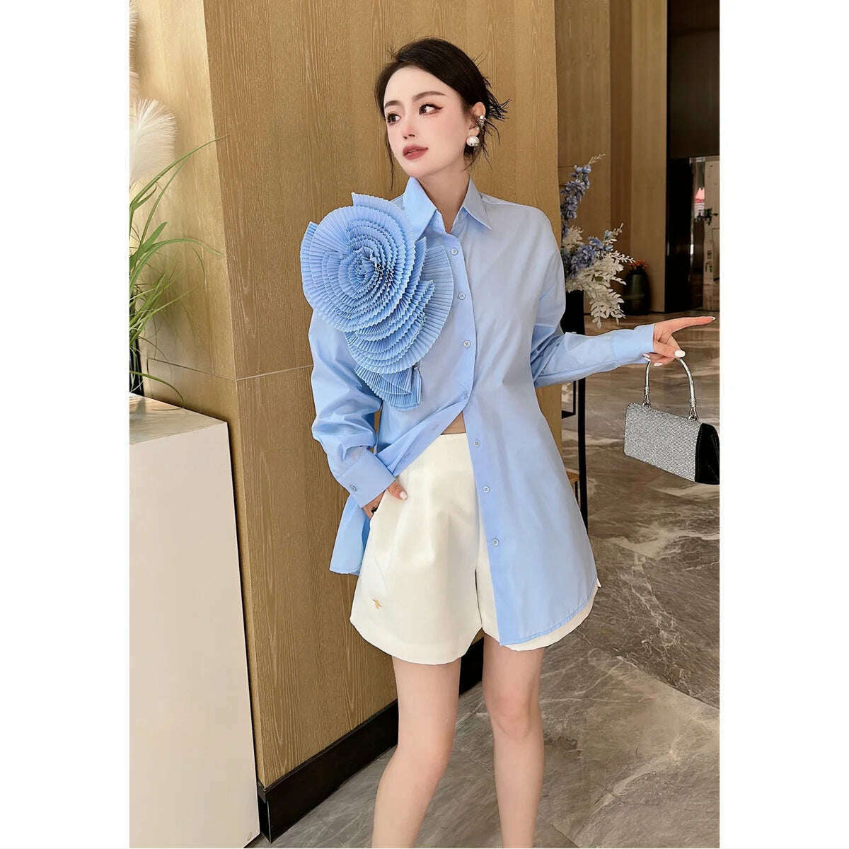 Women 3D Ruched Large Flowers Shirts Long Sleeved Luxury Pleated Floral Blouses Streetwear Single Breasted Cardigan Tops Blusas