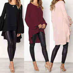 Women Blouse ZANZEA Autumn Crew Neck Lantern SleeveShirt Casual Solid Blusas Femininas Long Tops Tunic Asymmetrical Hem Blouses