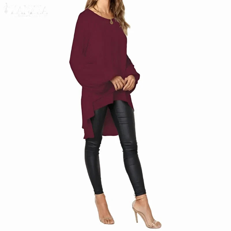 Women Blouse ZANZEA Autumn Crew Neck Lantern SleeveShirt Casual Solid Blusas Femininas Long Tops Tunic Asymmetrical Hem Blouses