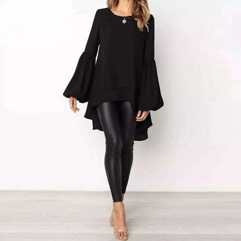 Women Blouse ZANZEA Autumn Crew Neck Lantern SleeveShirt Casual Solid Blusas Femininas Long Tops Tunic Asymmetrical Hem Blouses