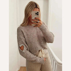 Women Casual Solid Love Hollow Out Sweater Elegant Round Neck Long Sleeve Knitted Jumpers Fashion Lady Autumn Warm Pullover Tops