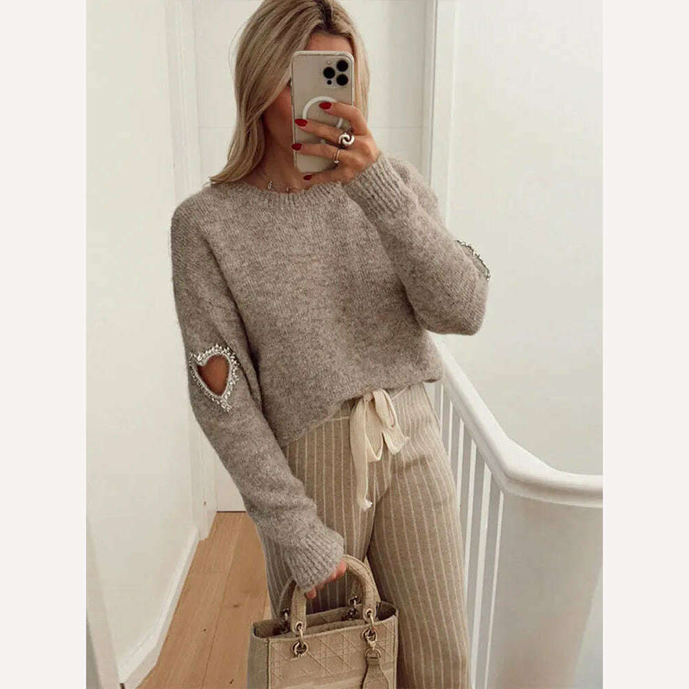 Women Casual Solid Love Hollow Out Sweater Elegant Round Neck Long Sleeve Knitted Jumpers Fashion Lady Autumn Warm Pullover Tops