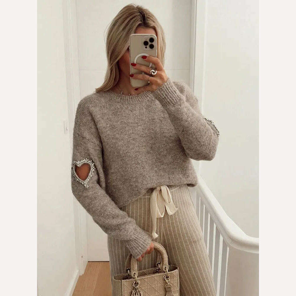 Women Casual Solid Love Hollow Out Sweater Elegant Round Neck Long Sleeve Knitted Jumpers Fashion Lady Autumn Warm Pullover Tops