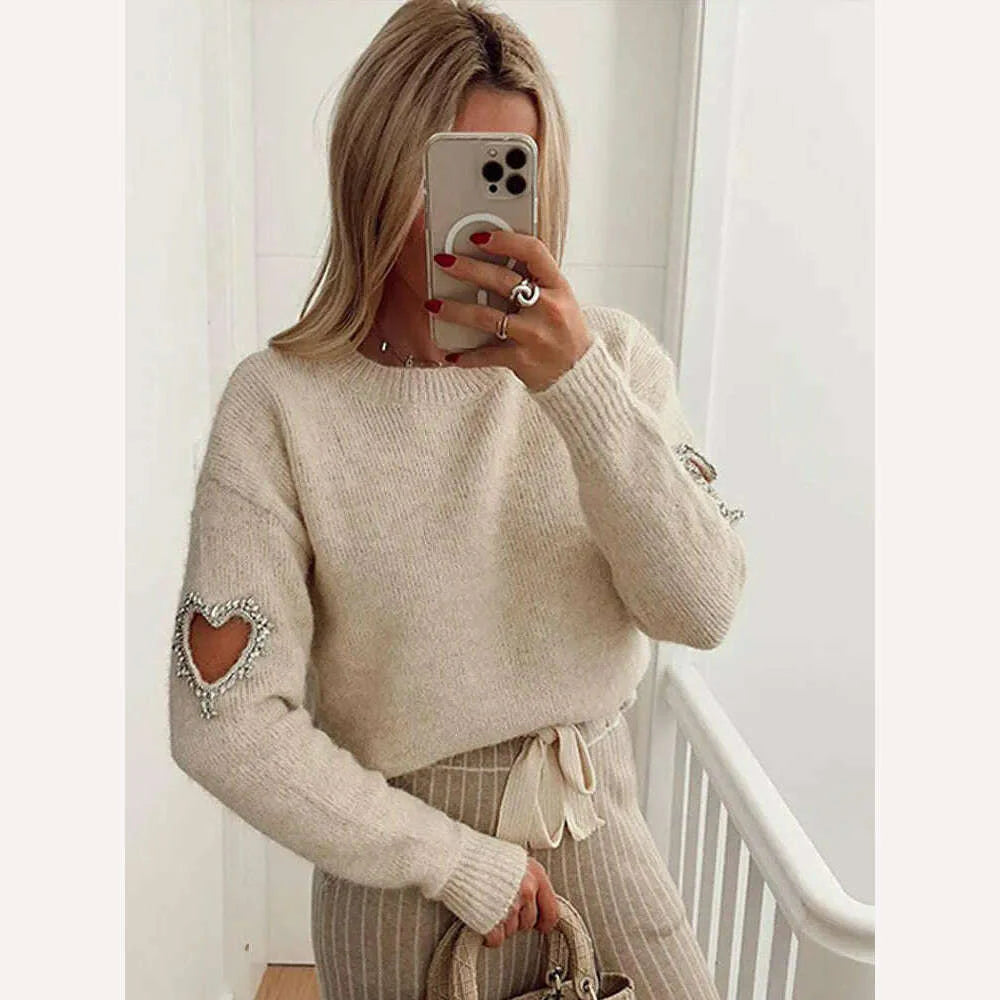 Women Casual Solid Love Hollow Out Sweater Elegant Round Neck Long Sleeve Knitted Jumpers Fashion Lady Autumn Warm Pullover Tops