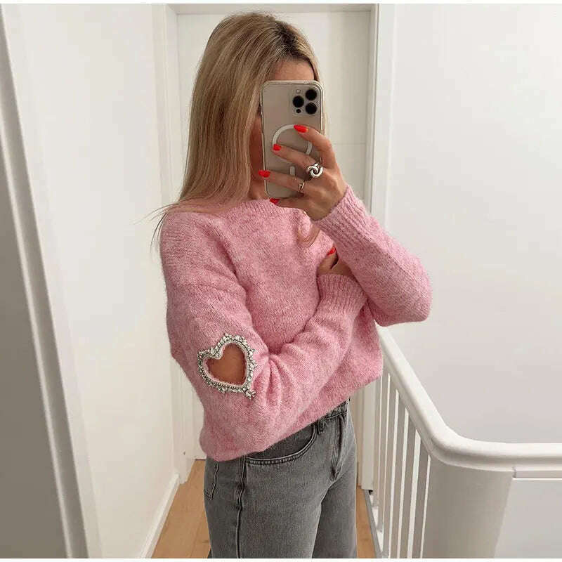 Women Casual Solid Love Hollow Out Sweater Elegant Round Neck Long Sleeve Knitted Jumpers Fashion Lady Autumn Warm Pullover Tops