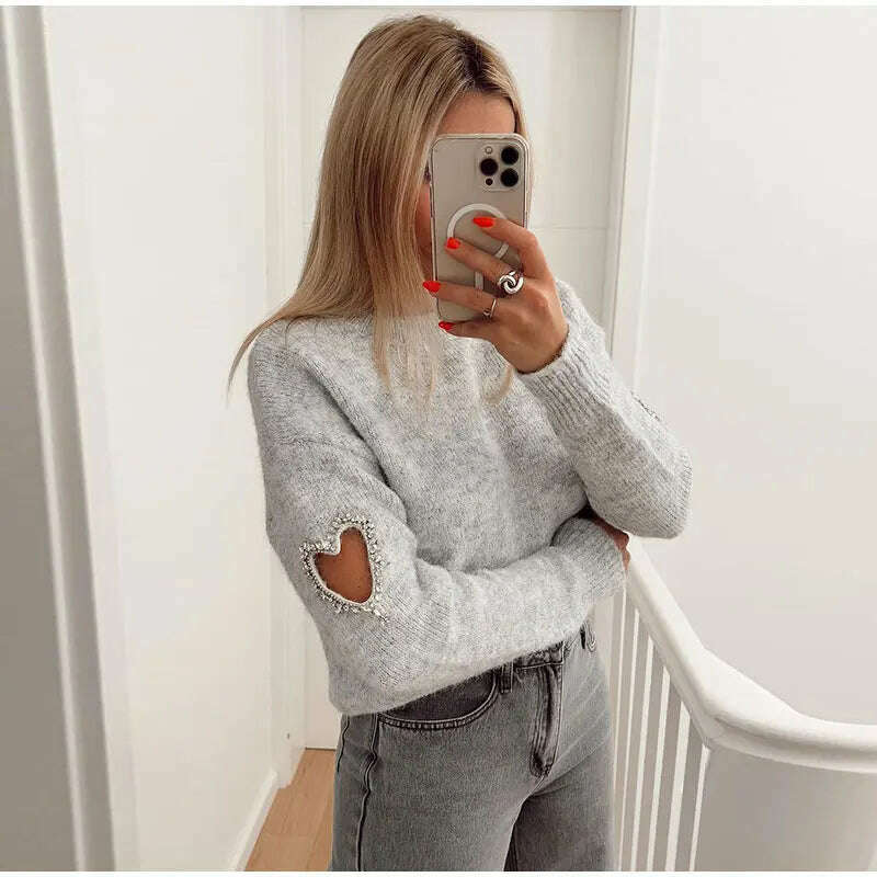 Women Casual Solid Love Hollow Out Sweater Elegant Round Neck Long Sleeve Knitted Jumpers Fashion Lady Autumn Warm Pullover Tops