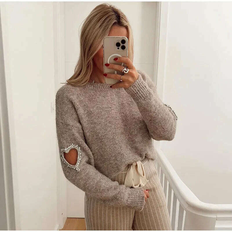 Women Casual Solid Love Hollow Out Sweater Elegant Round Neck Long Sleeve Knitted Jumpers Fashion Lady Autumn Warm Pullover Tops