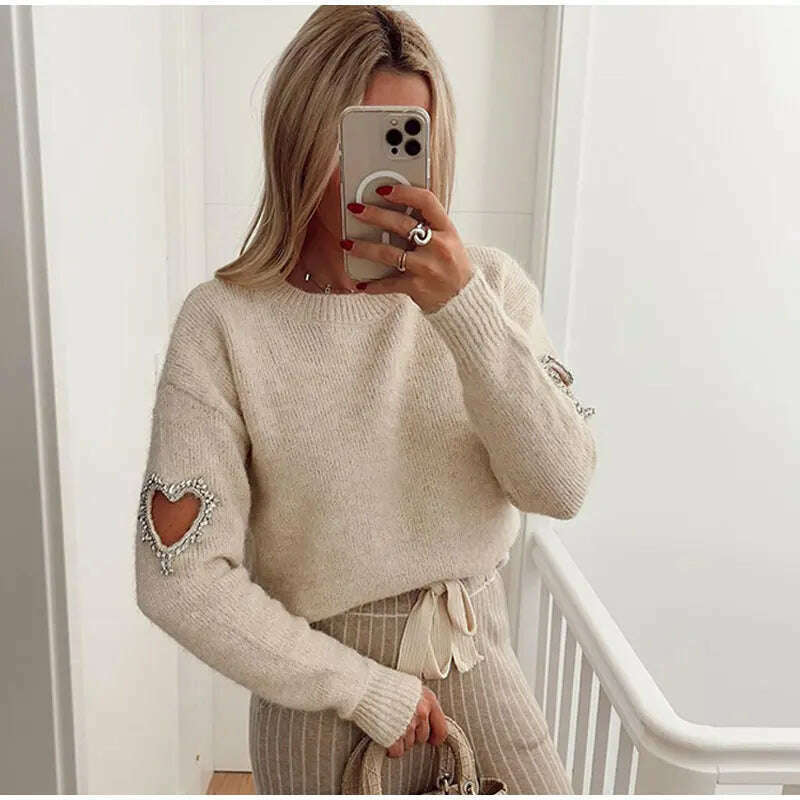 Women Casual Solid Love Hollow Out Sweater Elegant Round Neck Long Sleeve Knitted Jumpers Fashion Lady Autumn Warm Pullover Tops