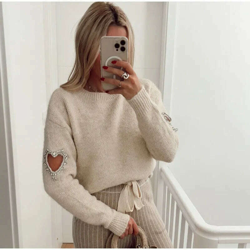 Women Casual Solid Love Hollow Out Sweater Elegant Round Neck Long Sleeve Knitted Jumpers Fashion Lady Autumn Warm Pullover Tops