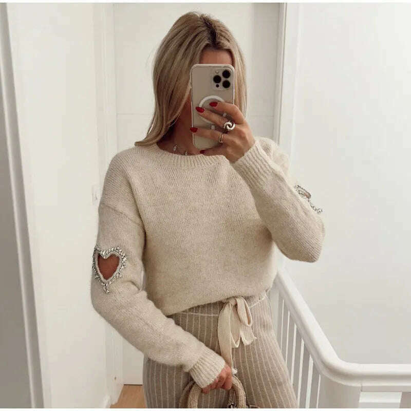 Women Casual Solid Love Hollow Out Sweater Elegant Round Neck Long Sleeve Knitted Jumpers Fashion Lady Autumn Warm Pullover Tops