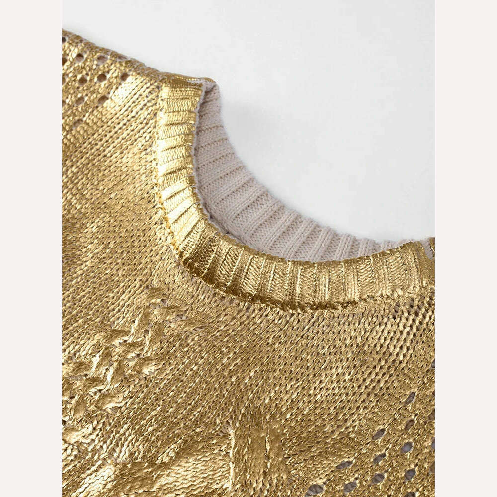 Women Fashion Golden Ribbing Knitted Sweaters Round Neck Long Sleeved Spliced Jumper Tops Chic Female Thick Warm Pullover 2023