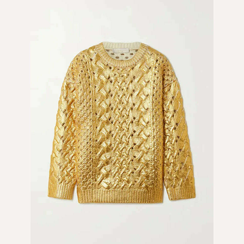 Women Fashion Golden Ribbing Knitted Sweaters Round Neck Long Sleeved Spliced Jumper Tops Chic Female Thick Warm Pullover 2023