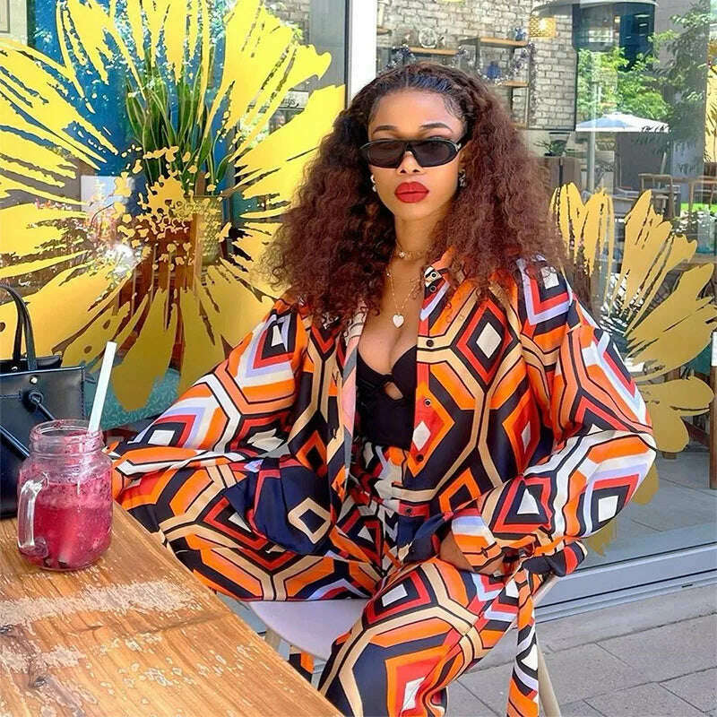 Women Retro 2pcs Pants Sets Geometric Print Blouse Wide Leg Pants Fashion Office Lady Outfits Female Chic Streetwear Tops Suits