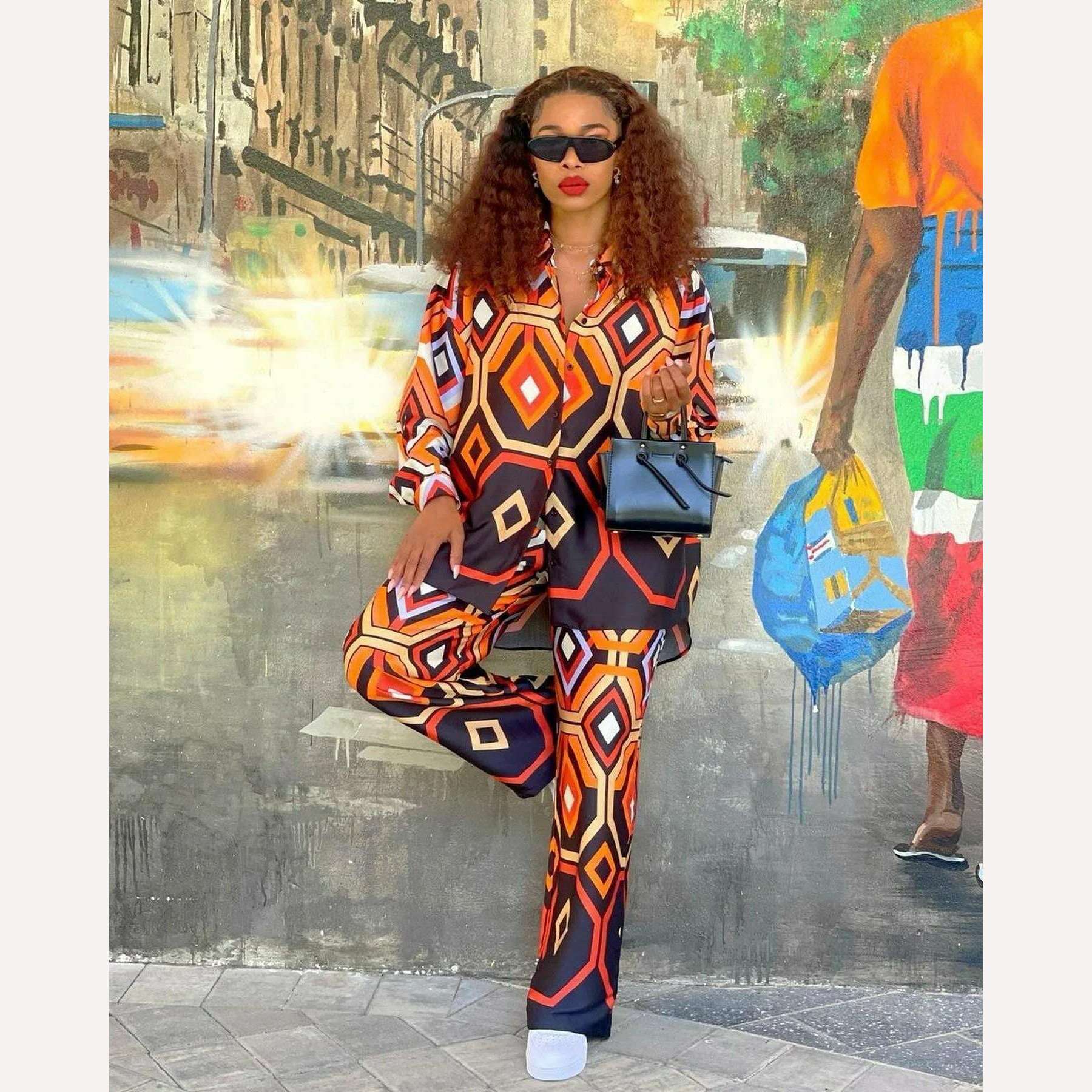 Women Retro 2pcs Pants Sets Geometric Print Blouse Wide Leg Pants Fashion Office Lady Outfits Female Chic Streetwear Tops Suits