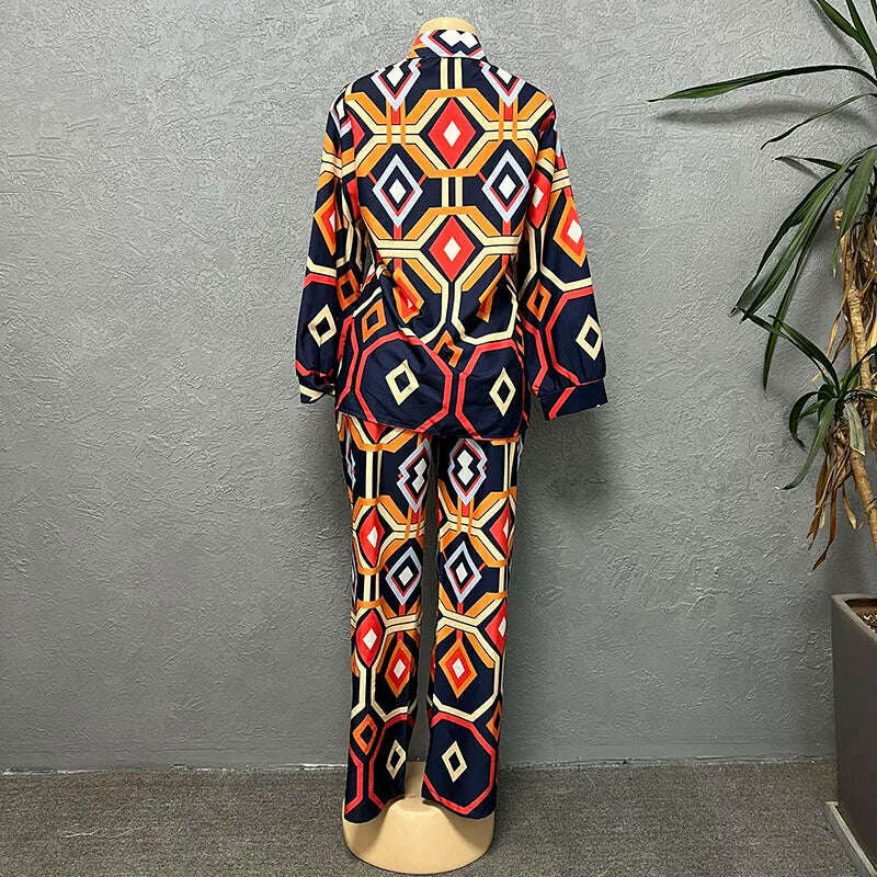 Women Retro 2pcs Pants Sets Geometric Print Blouse Wide Leg Pants Fashion Office Lady Outfits Female Chic Streetwear Tops Suits