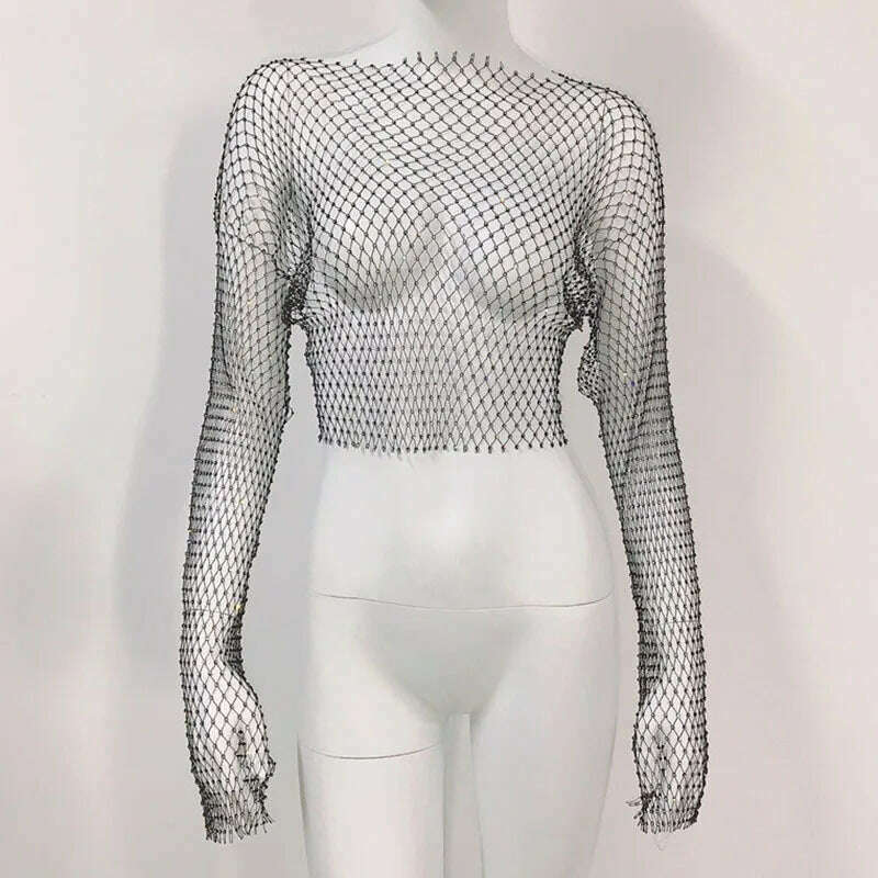 Women Sexy Club See Through Nightclub T-Shirt Shiny Rhinestone Fishnet Hollow Out Top Beach carnival Party Club Tops