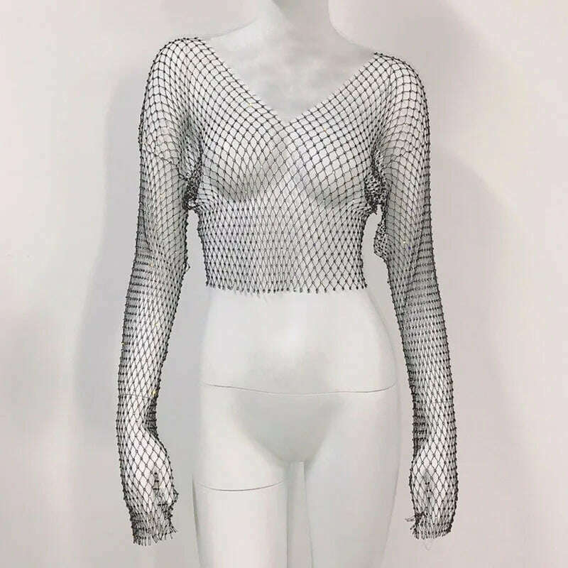 Women Sexy Club See Through Nightclub T-Shirt Shiny Rhinestone Fishnet Hollow Out Top Beach carnival Party Club Tops