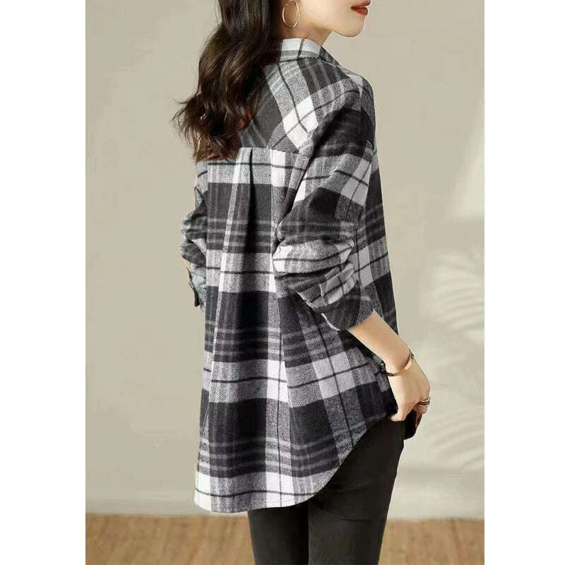 Women Trendy Vintage Plaid Thick Y2K Button Shirts Autumn Winter Casual Streetwear Pockets Blouses Female Long Sleeve Loose Tops