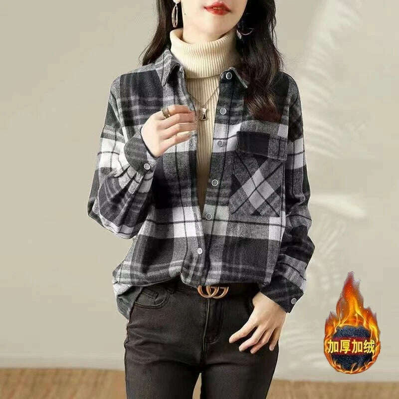 Women Trendy Vintage Plaid Thick Y2K Button Shirts Autumn Winter Casual Streetwear Pockets Blouses Female Long Sleeve Loose Tops