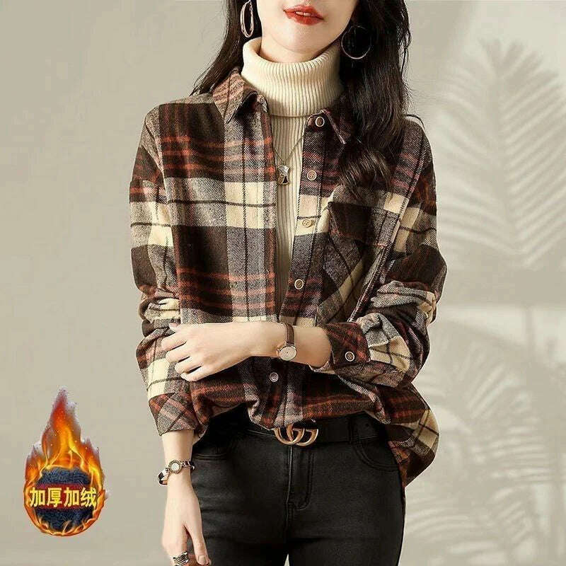 Women Trendy Vintage Plaid Thick Y2K Button Shirts Autumn Winter Casual Streetwear Pockets Blouses Female Long Sleeve Loose Tops