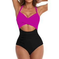 Women's Colorful Sexy Hollow Cross Halter Bikini Beach Swimsuit (With Chest Pad Without Steel Bra)