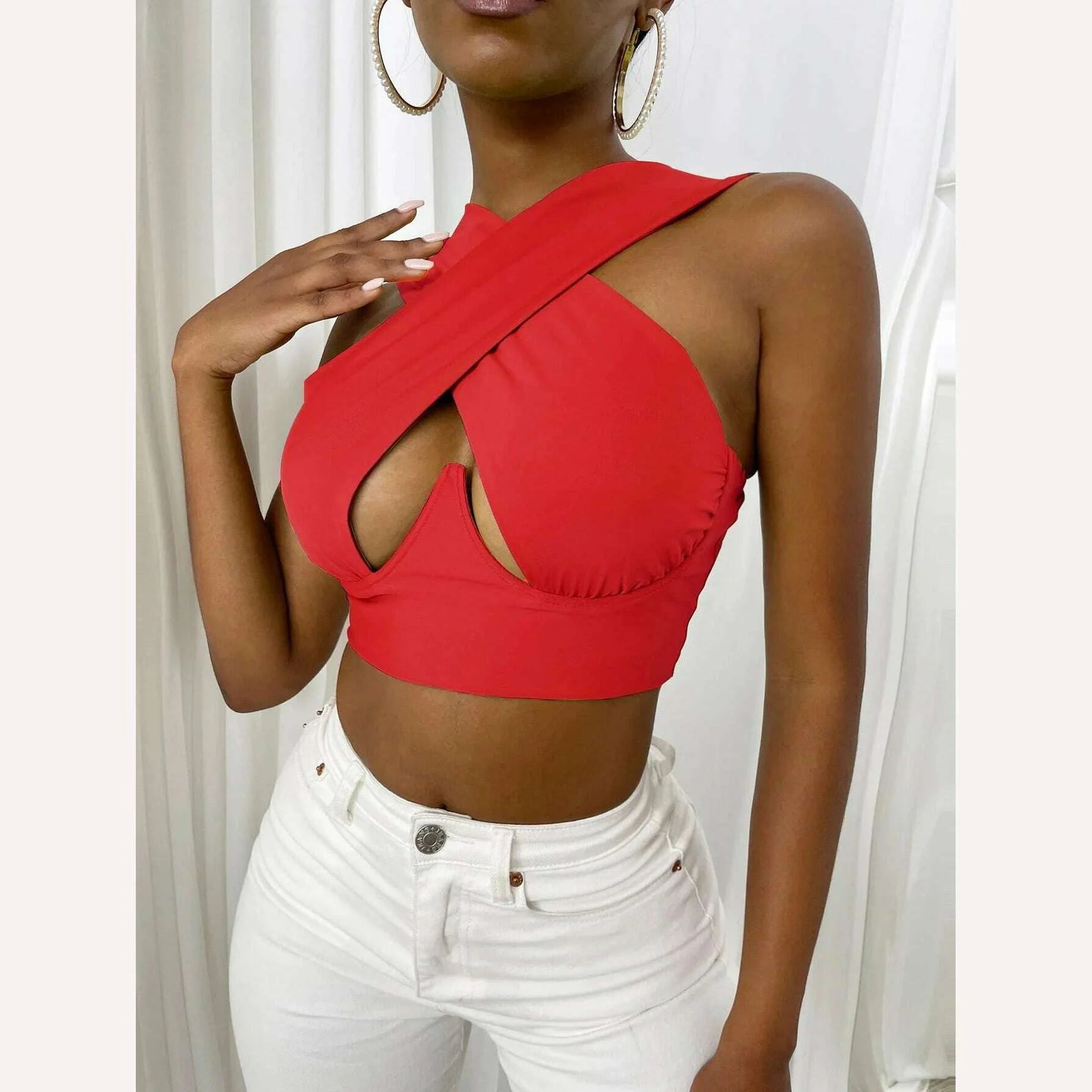 Women's Criss Cross Tank Tops Sexy Sleeveless Solid Color Cutout Front Crop Tops Party Club Streetwear Summer Lady Bustier Tops