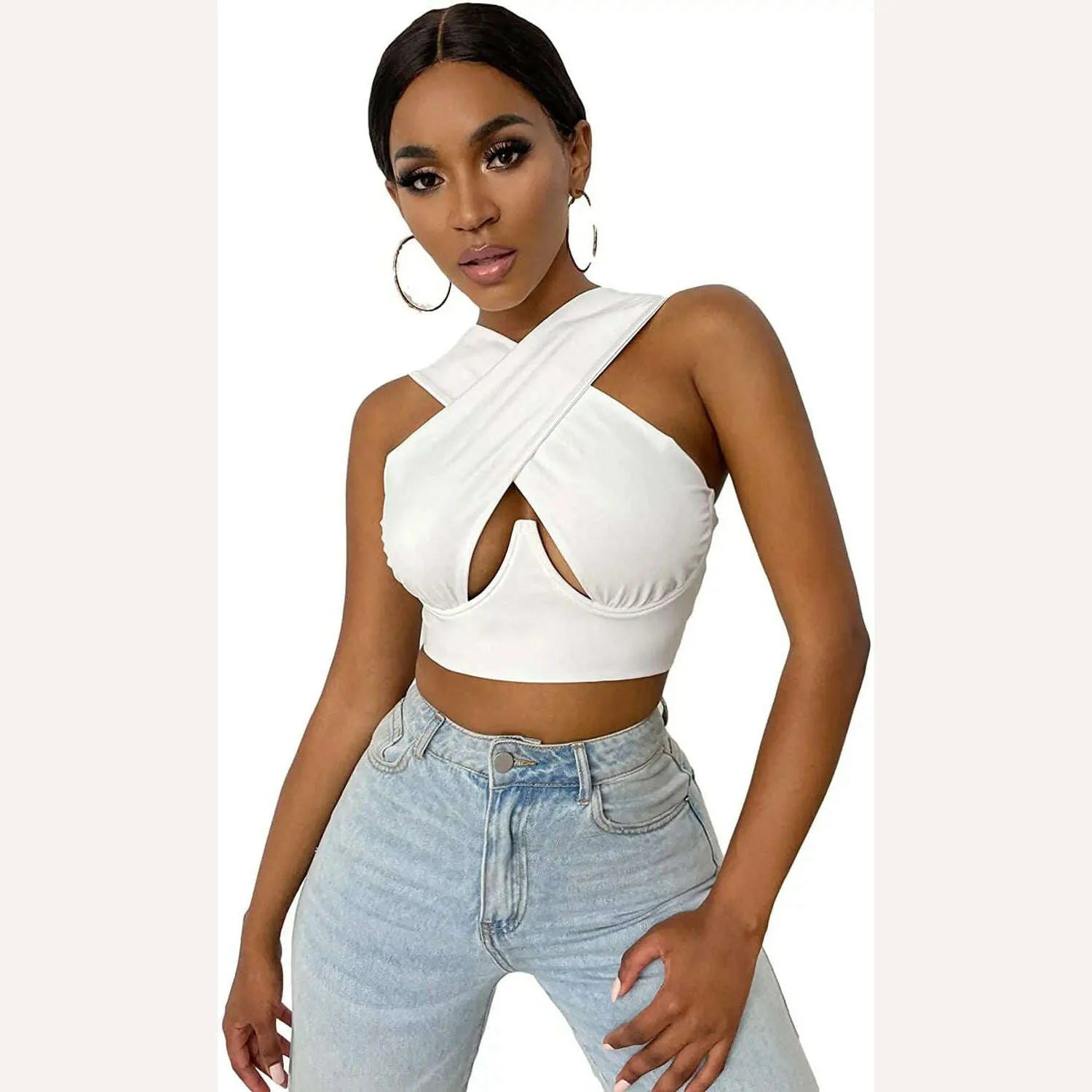 Women's Criss Cross Tank Tops Sexy Sleeveless Solid Color Cutout Front Crop Tops Party Club Streetwear Summer Lady Bustier Tops