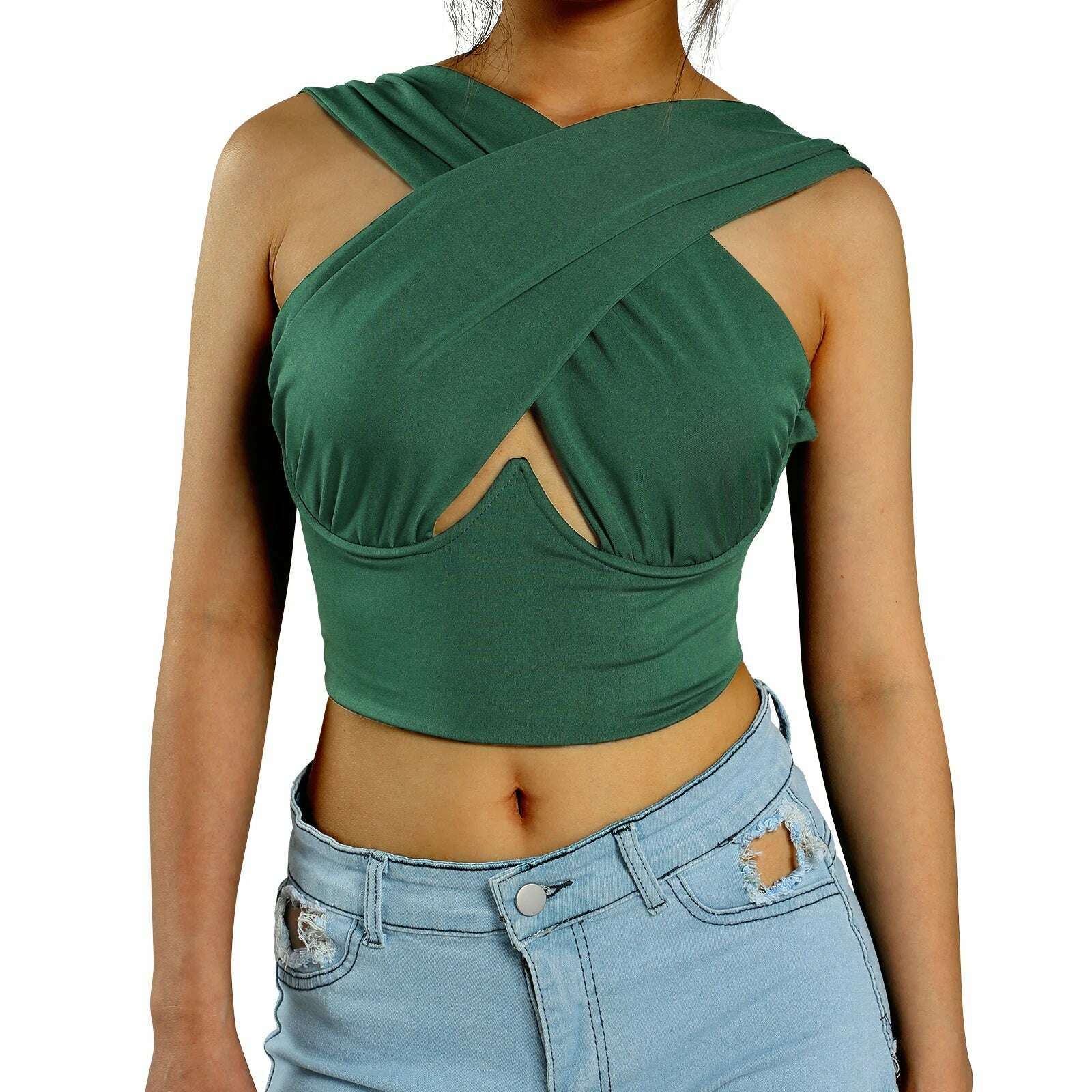 Women's Criss Cross Tank Tops Sexy Sleeveless Solid Color Cutout Front Crop Tops Party Club Streetwear Summer Lady Bustier Tops