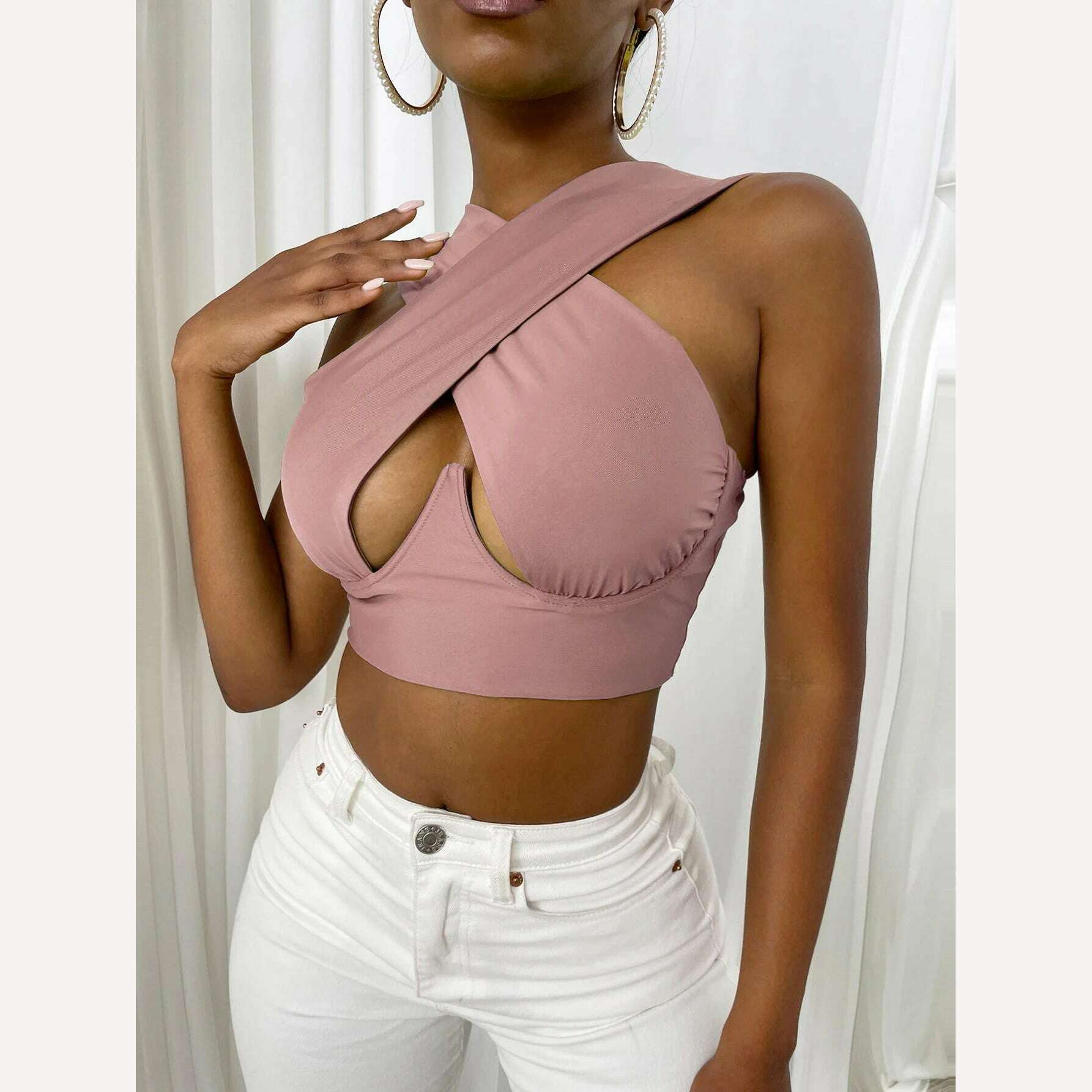 Women's Criss Cross Tank Tops Sexy Sleeveless Solid Color Cutout Front Crop Tops Party Club Streetwear Summer Lady Bustier Tops