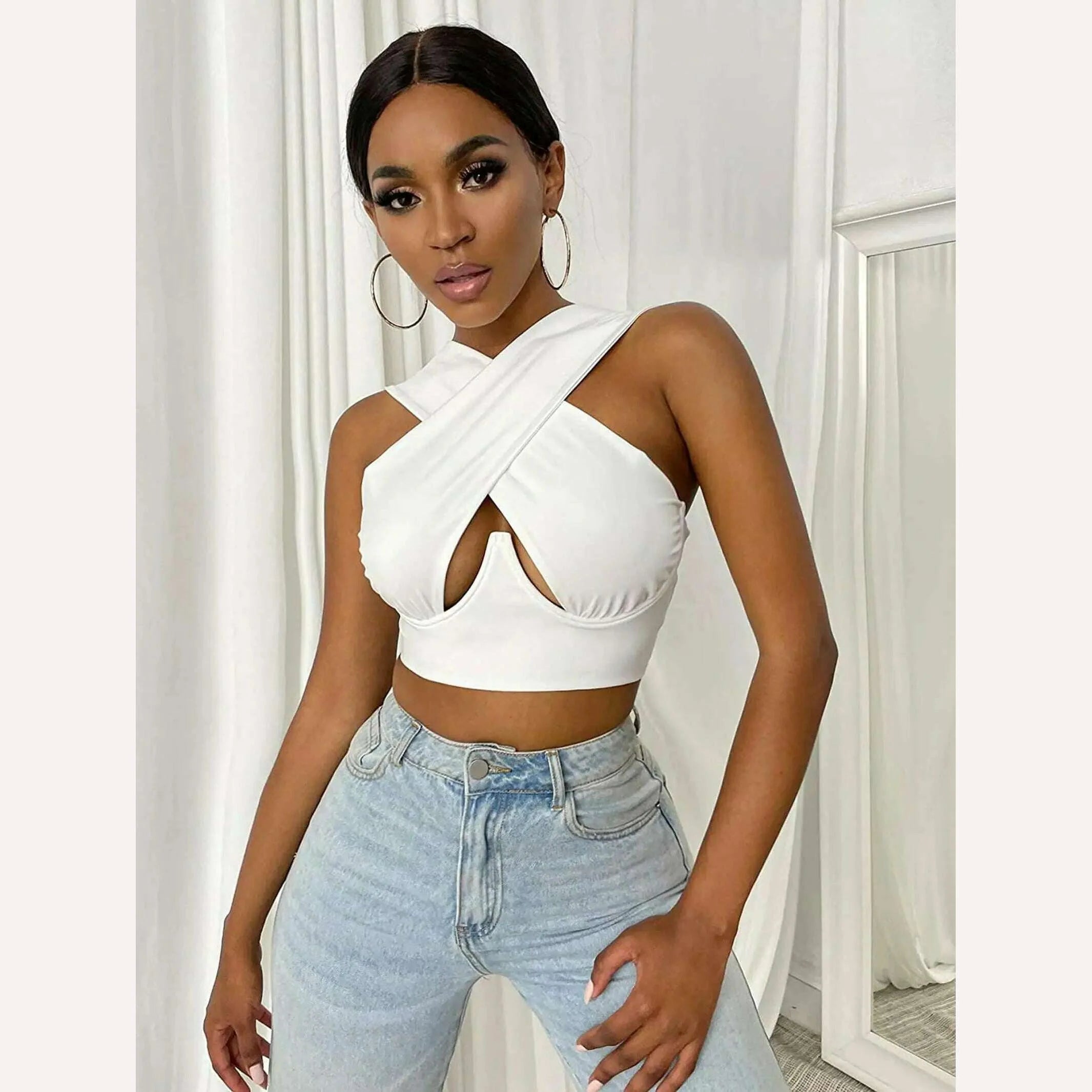 Women's Criss Cross Tank Tops Sexy Sleeveless Solid Color Cutout Front Crop Tops Party Club Streetwear Summer Lady Bustier Tops