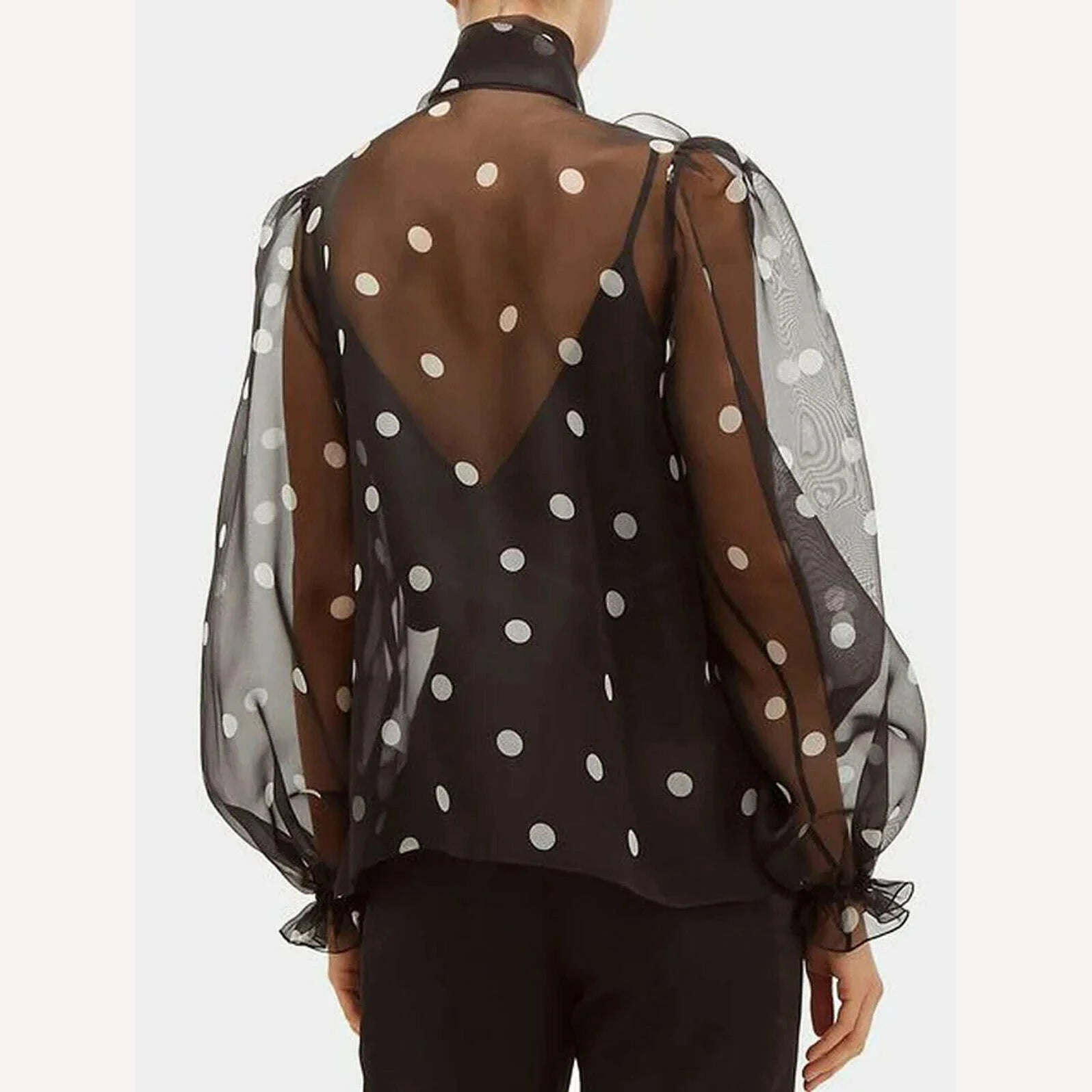 Women's Elegant Lantern Sleeve Shirt Chiffon Transparent Long Sleeve Sweet Lace-up Neck Polk Dot Casual Fashion Autumn Shirts