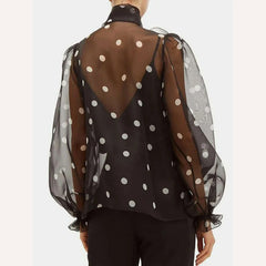 Women's Elegant Lantern Sleeve Shirt Chiffon Transparent Long Sleeve Sweet Lace-up Neck Polk Dot Casual Fashion Autumn Shirts