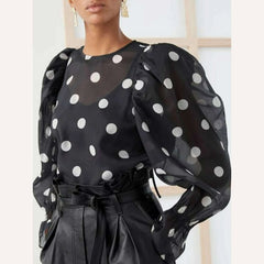 Women's Elegant Lantern Sleeve Shirt Chiffon Transparent Long Sleeve Sweet Lace-up Neck Polk Dot Casual Fashion Autumn Shirts