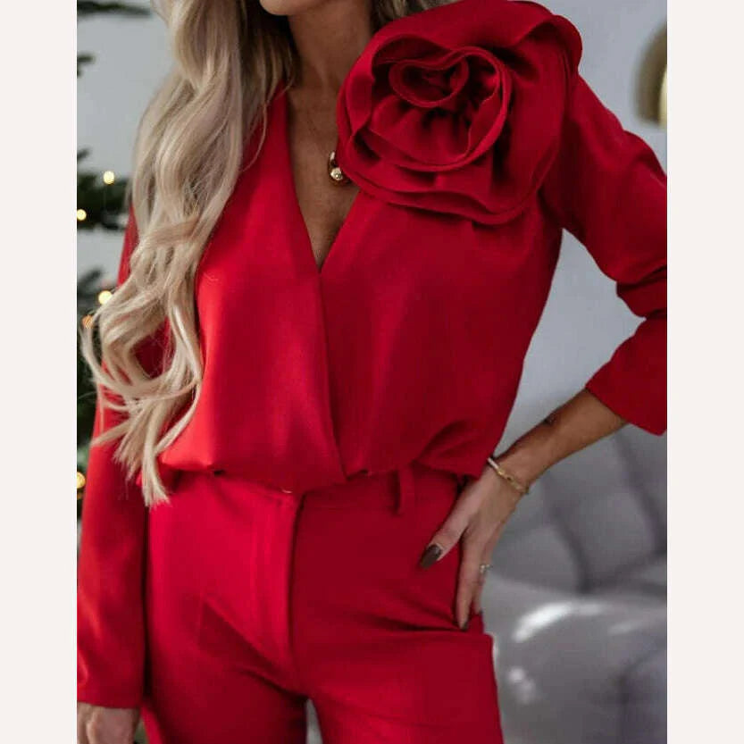 Women's Elegant Rose Detail Long Sleeve Overlap Top Temperament Commuting Female Clothing Woman Fashion V-Neck Casual Blouses