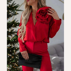 Women's Elegant Rose Detail Long Sleeve Overlap Top Temperament Commuting Female Clothing Woman Fashion V-Neck Casual Blouses