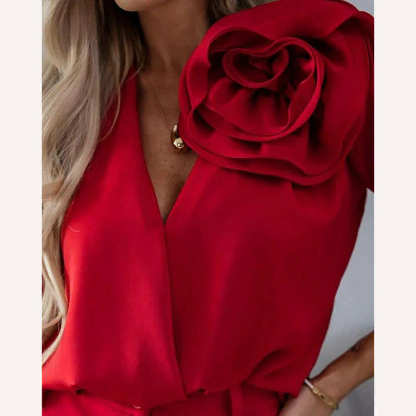 Women's Elegant Rose Detail Long Sleeve Overlap Top Temperament Commuting Female Clothing Woman Fashion V-Neck Casual Blouses