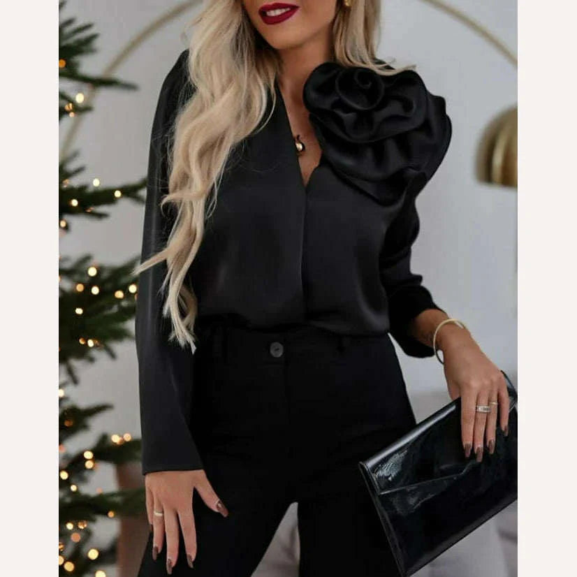 Women's Elegant Rose Detail Long Sleeve Overlap Top Temperament Commuting Female Clothing Woman Fashion V-Neck Casual Blouses