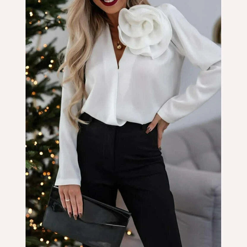 Women's Elegant Rose Detail Long Sleeve Overlap Top Temperament Commuting Female Clothing Woman Fashion V-Neck Casual Blouses